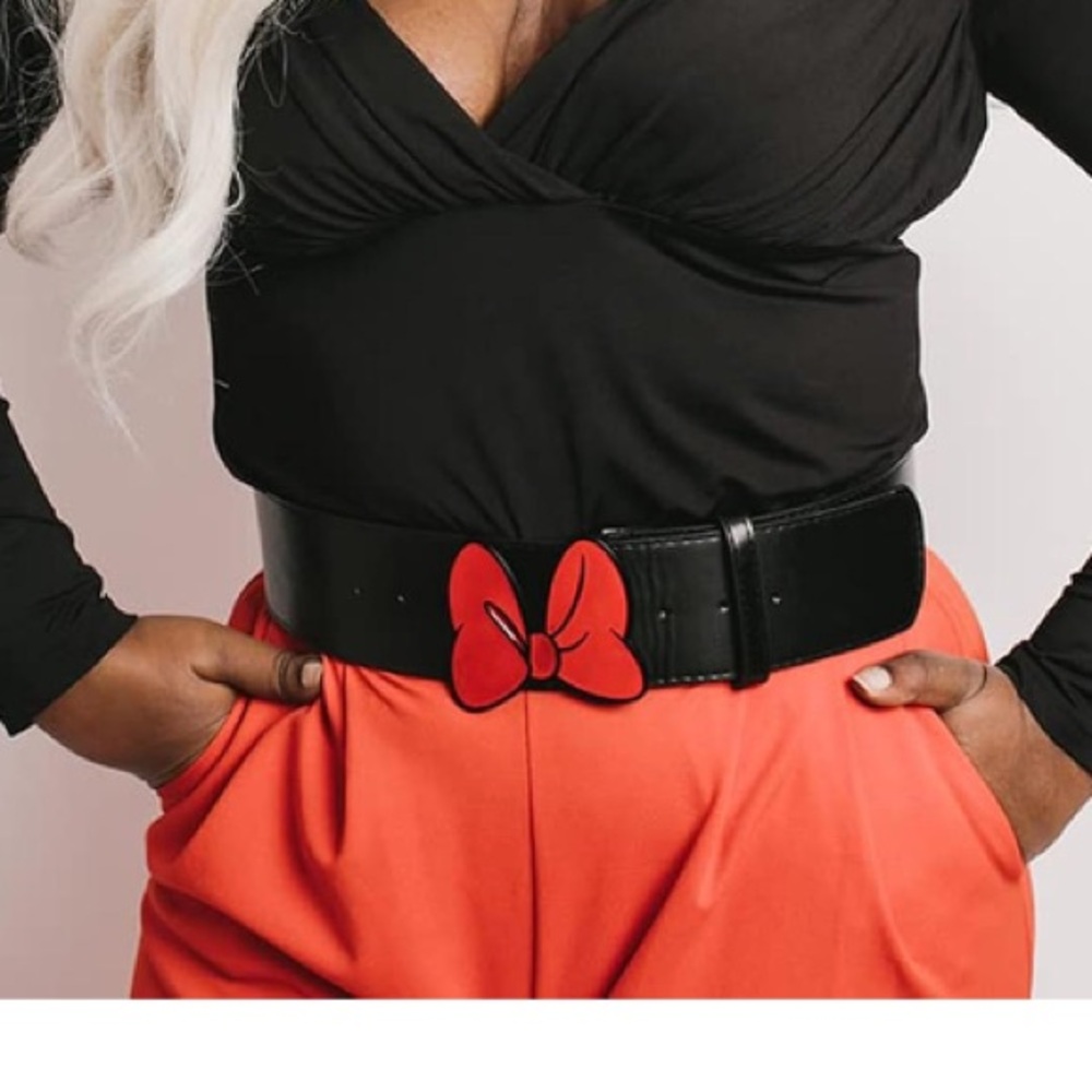 Disney Minnie Mouse Belt Red Bow, Black Vegan Leather 44” - 53”